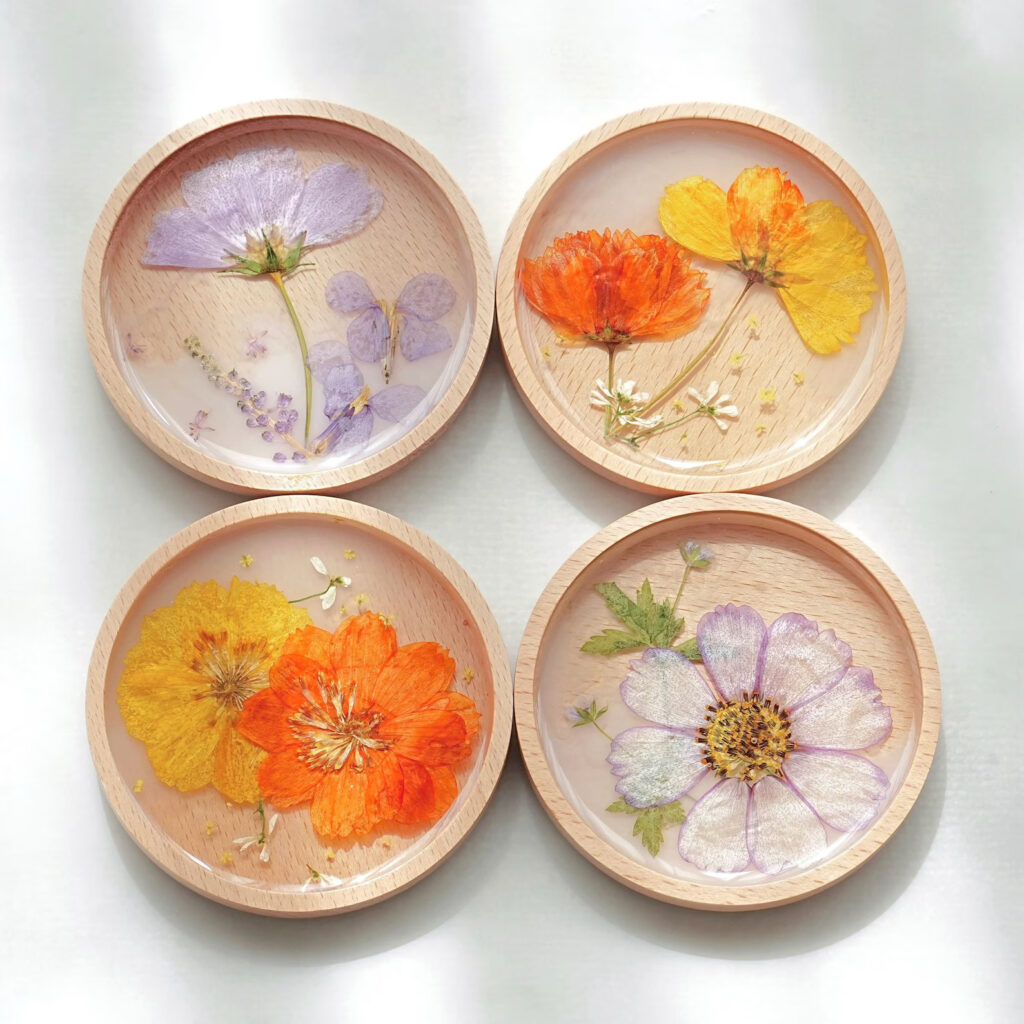 Pressed Cosmos Flower Wood Drink Coasters