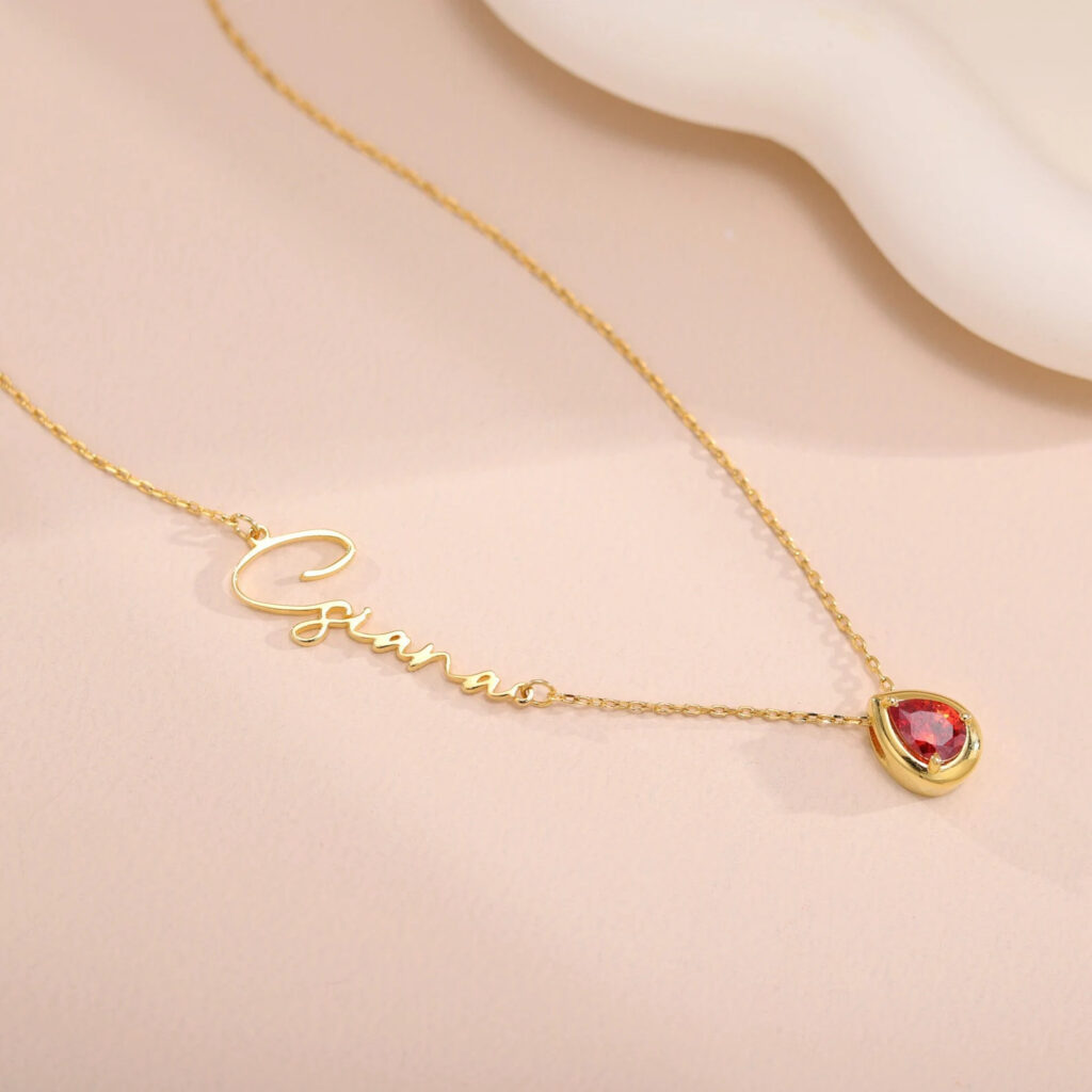 Teardrop Birthstone Necklace with Sideway Name