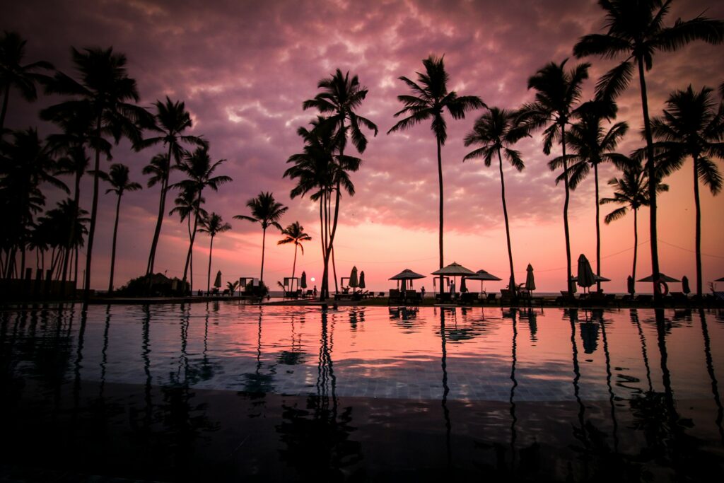 Golden sunset over a beach resort
